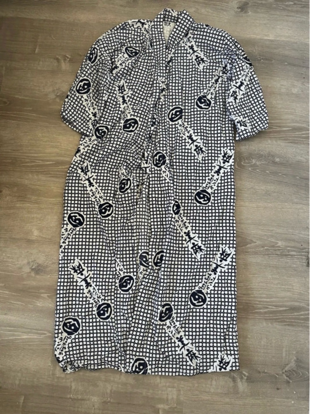 Vintage Japanese Yukata Robe XL Black & White Graphic Print